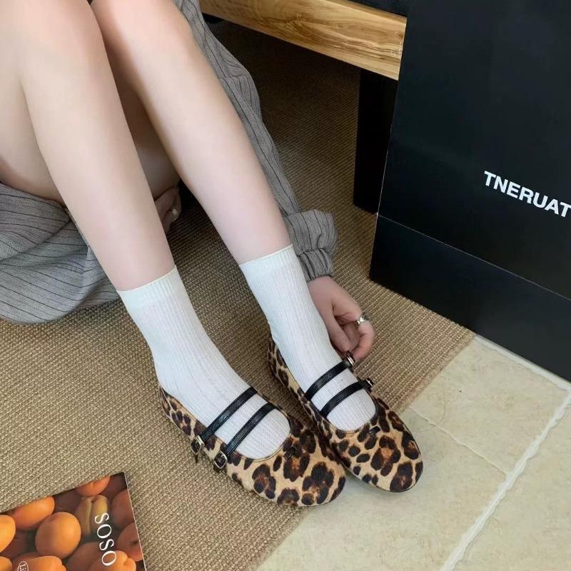 Sheepskin version~ Retro niche leopard print round head shallow mouth flat-bottomed ballet single shoes women's spring Mary Jane shoes