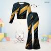 Girls Black Blue Printed Round Neck Long Sleeve Top Flared Pants Two Piece Set