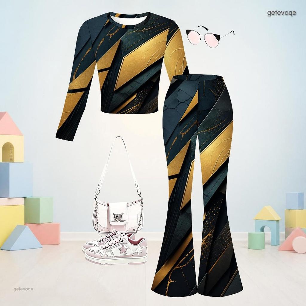 Girls Black Blue Printed Round Neck Long Sleeve Top Flared Pants Two Piece Set