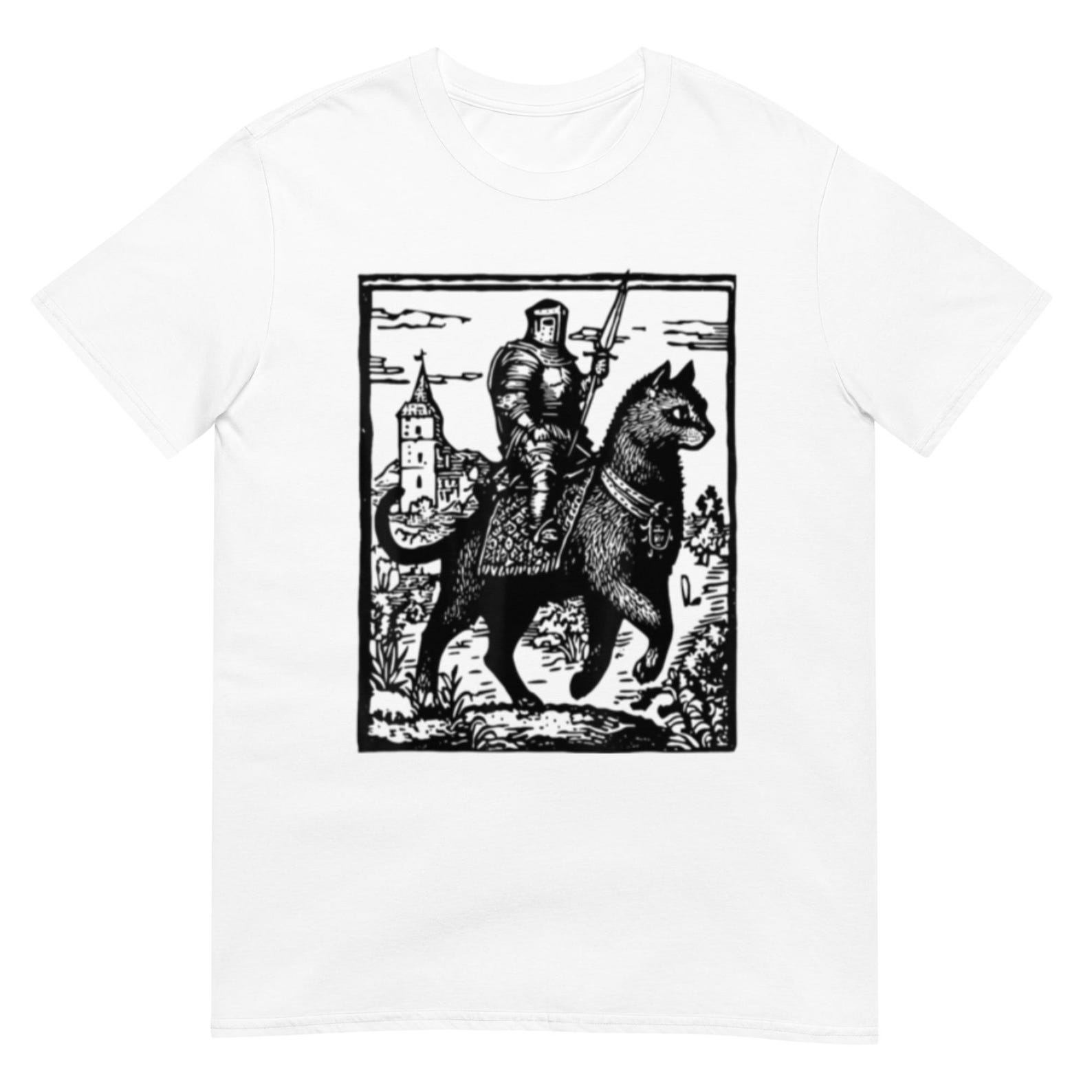 Knight Cat Rider Vintage T-Shirt, Medieval Design L