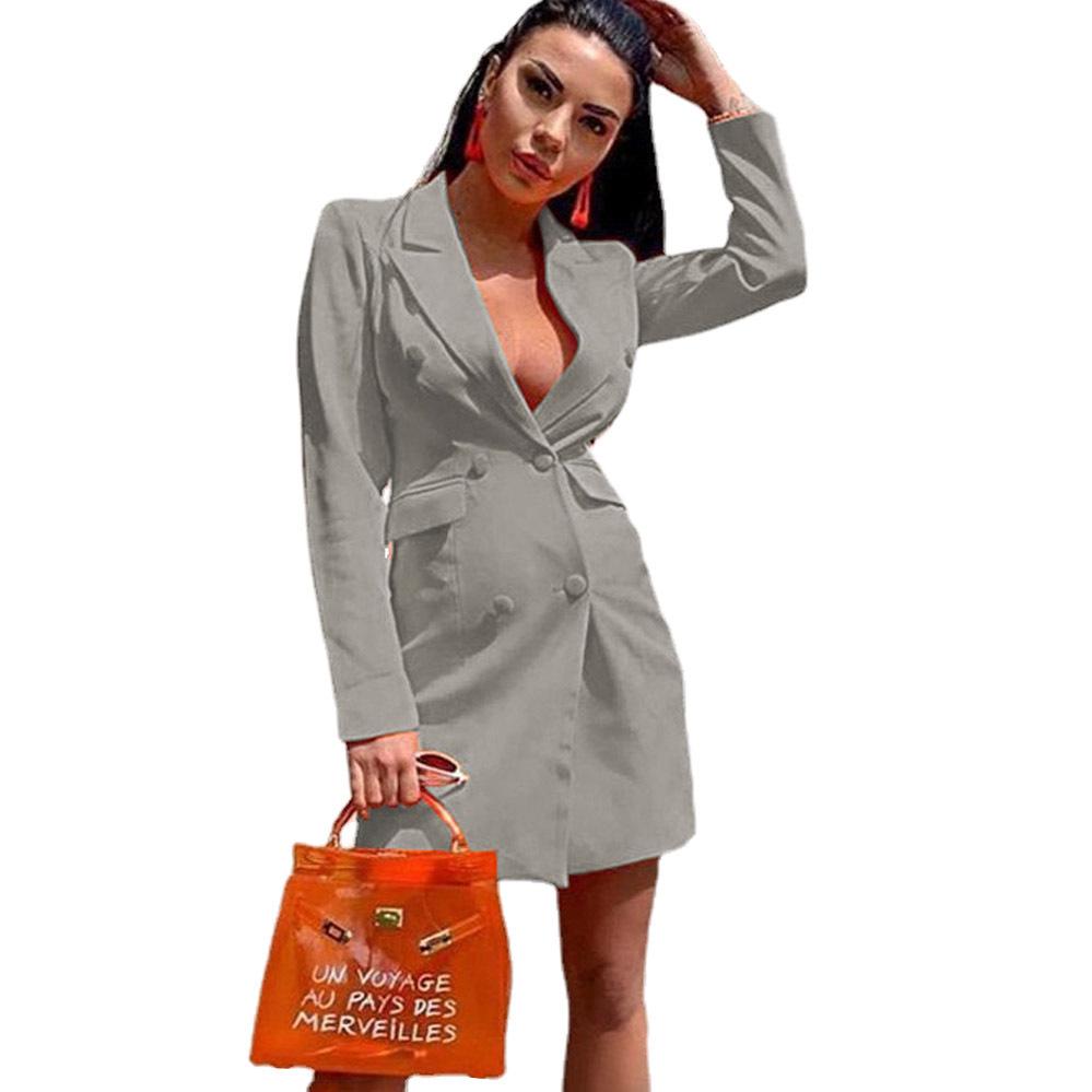 2024 Women s Slim Fit Double-Breasted Blazer - Solid Color, Long Sleeve Lapel Jacket S светло-серый