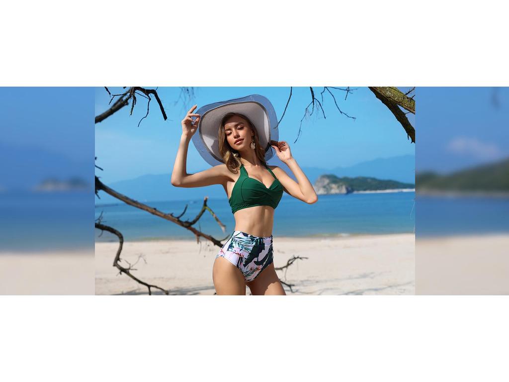 High-Waisted Halter Print Tie-Up Tankini Slimming Bikini