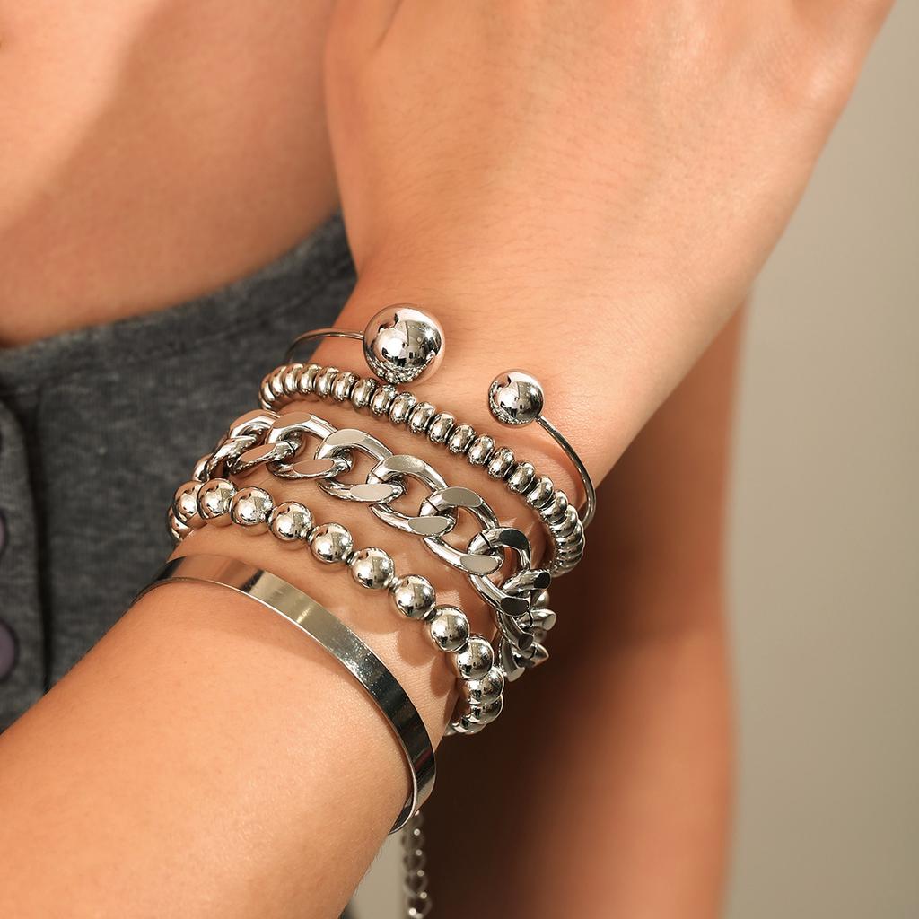 Hot-selling multi-layer line winding geometric opening bracelet set punk wave beaded bracelet