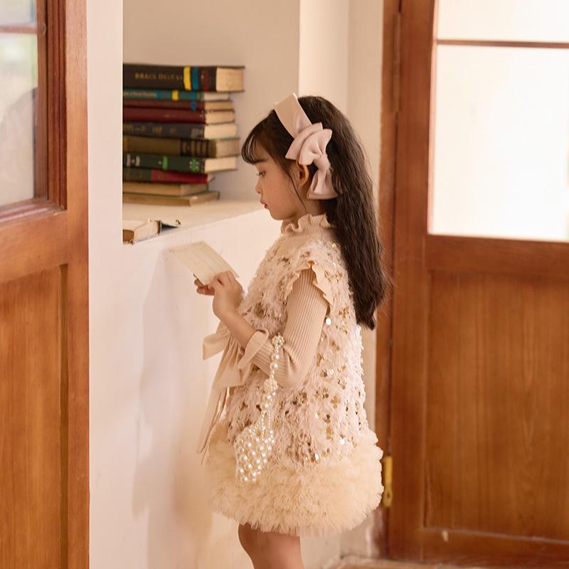 Baby Girl's Fluffy Sequin Bow Vest Dress - Korean Style Spring Party Princess Outfit