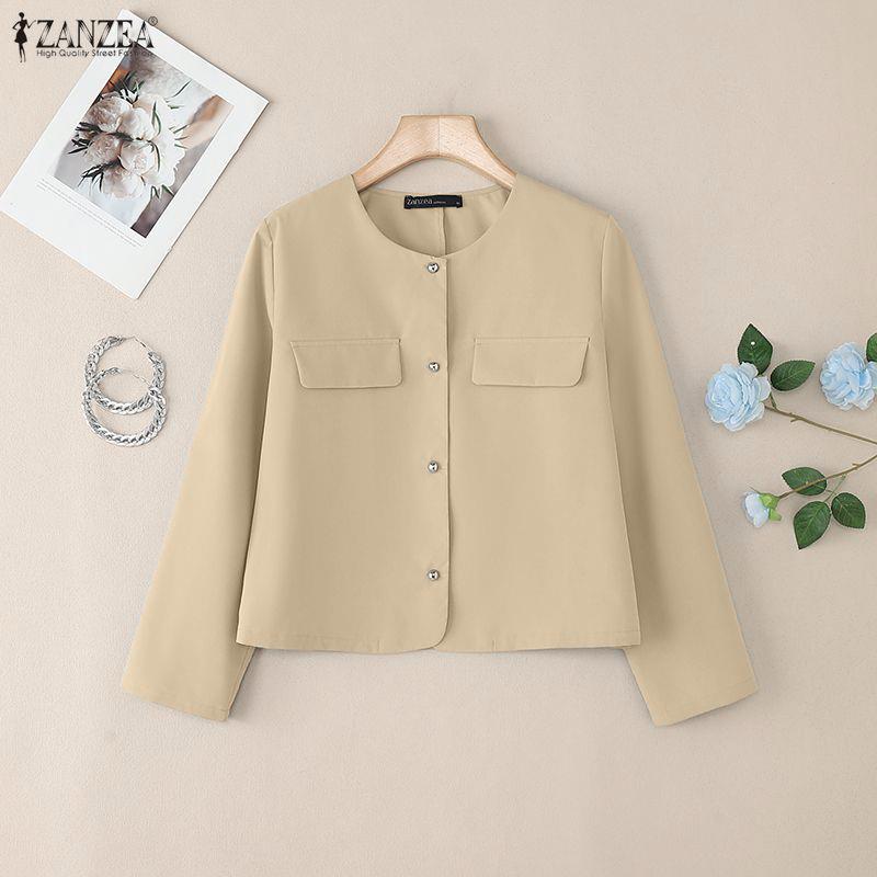 ZANZEA Women Casual Round Neck Solid Color Long Sleeve Cardigan Blouse