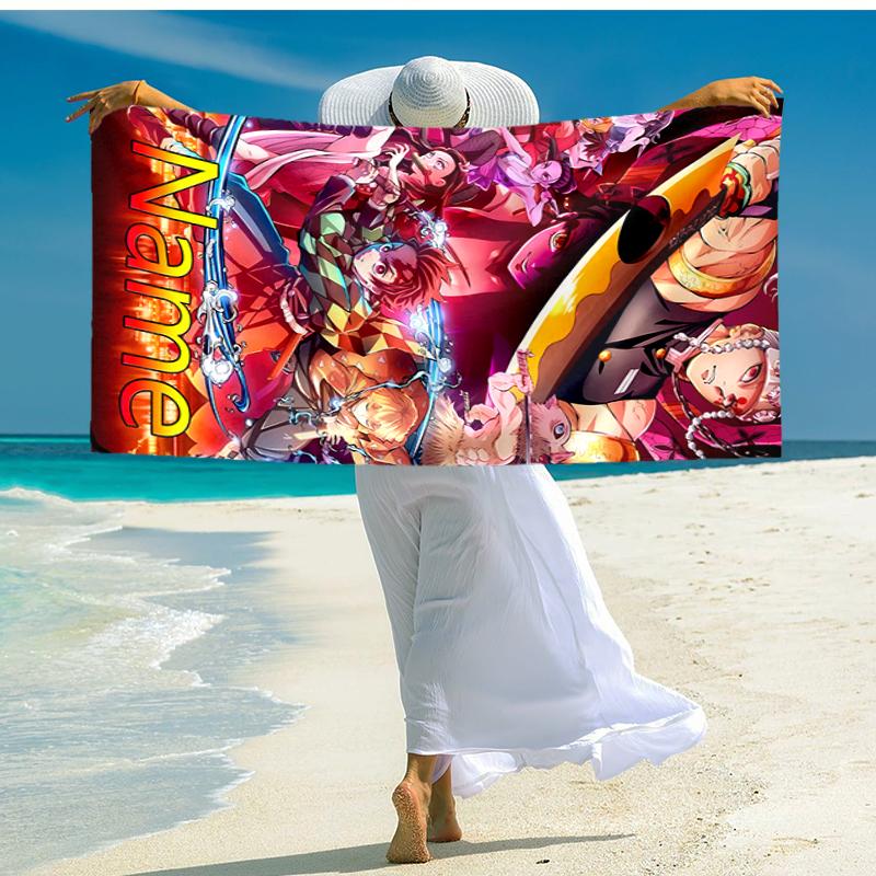 Personalized customized proof beach towel with Demon Slayer Nezuko pattern - soft, absorbent, quick-drying, perfect swimming, camping&bathing