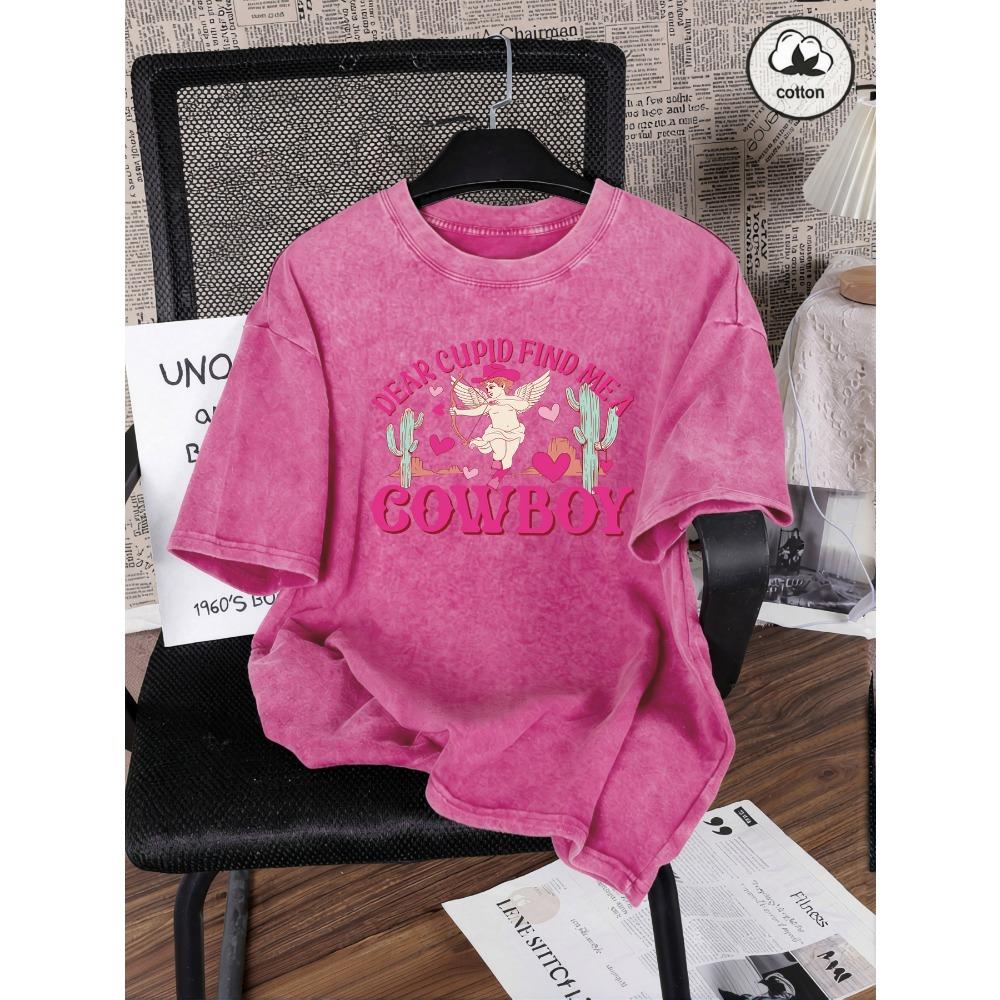 Dear Cupid Cowboy Desert Cactus Prints Washed T Shirts Womens Summer O-Neck Short Sleeve Trendy Cotton Top Loose T-Shirt