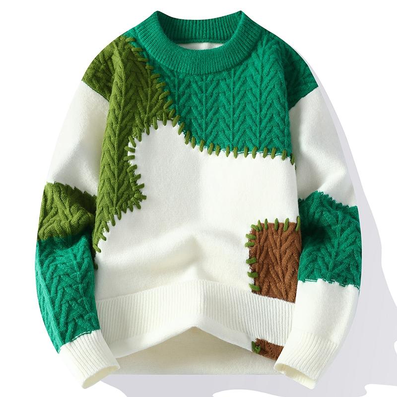 Herrenbekleidung Herbst Winter Rundhals Pullover Laterne Langarm Kontrastfarbe Schraubgewinde Pullover Gestrickte Freizeit-Tops