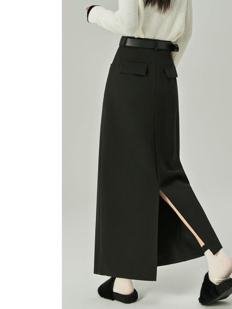 Women's High-Waist Woolen Slit Midi Skirt - Autumn Slim Fit