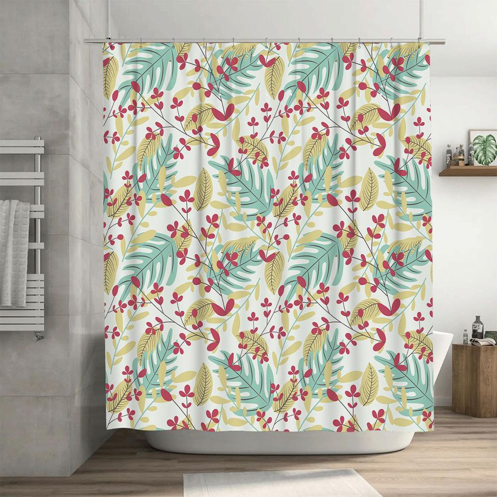 Floral Print Shower Curtain Pink Red Green Leaves Bath Decor with Hook for Rod Ring Set Home Hotel Decoration Waterproof Fabric