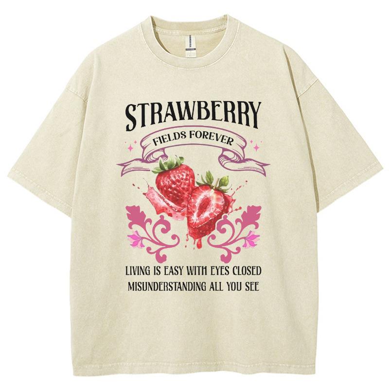 Strawberry Fruit Print Women's Wash T-Shirt Loose Oversized Cotton Comfortable Top Short Sleeve Basic Cute Tees