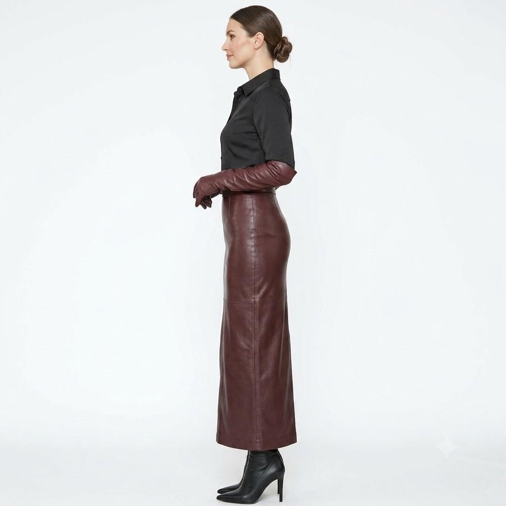 Gonna Elegante da Donna Bordo Lungo da Festa Pelle di Agnello Fatta a Mano Vera Vestibilità
