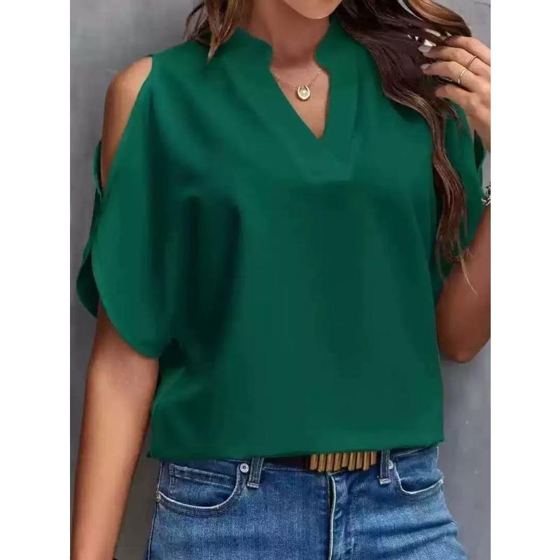 EastRogue Women's Summer Solid Color V-neck Off-the-shoulder Loose Chiffon Top