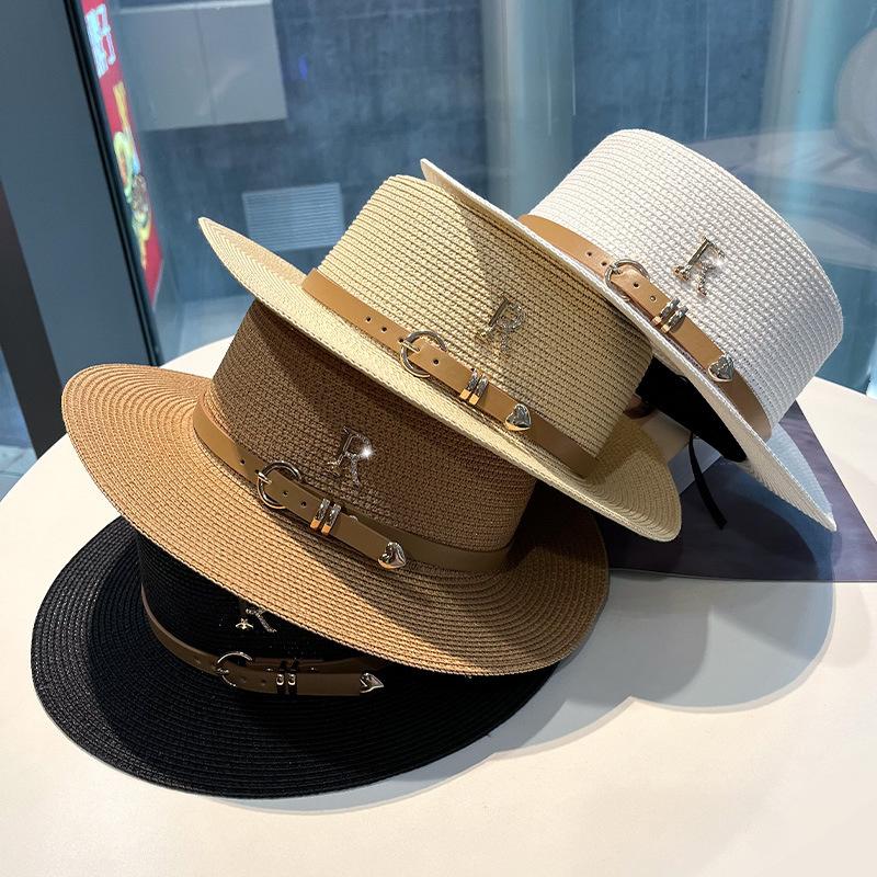 Women's Vintage Straw Hat with Adjustable Strap and Metal R Buckle for Beach and Outdoor Leisure