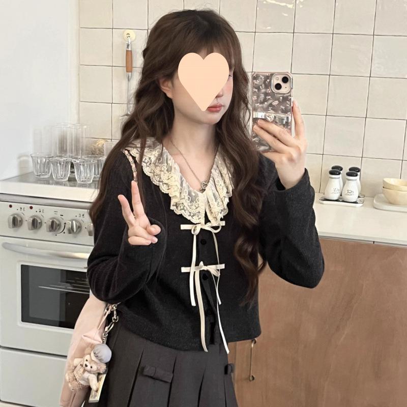 

Кружевные кардиганы женские Y2k Kawaii весна осень японские нежные нежные модные длинные рукава мягкие повседневные повседневные S чёрный