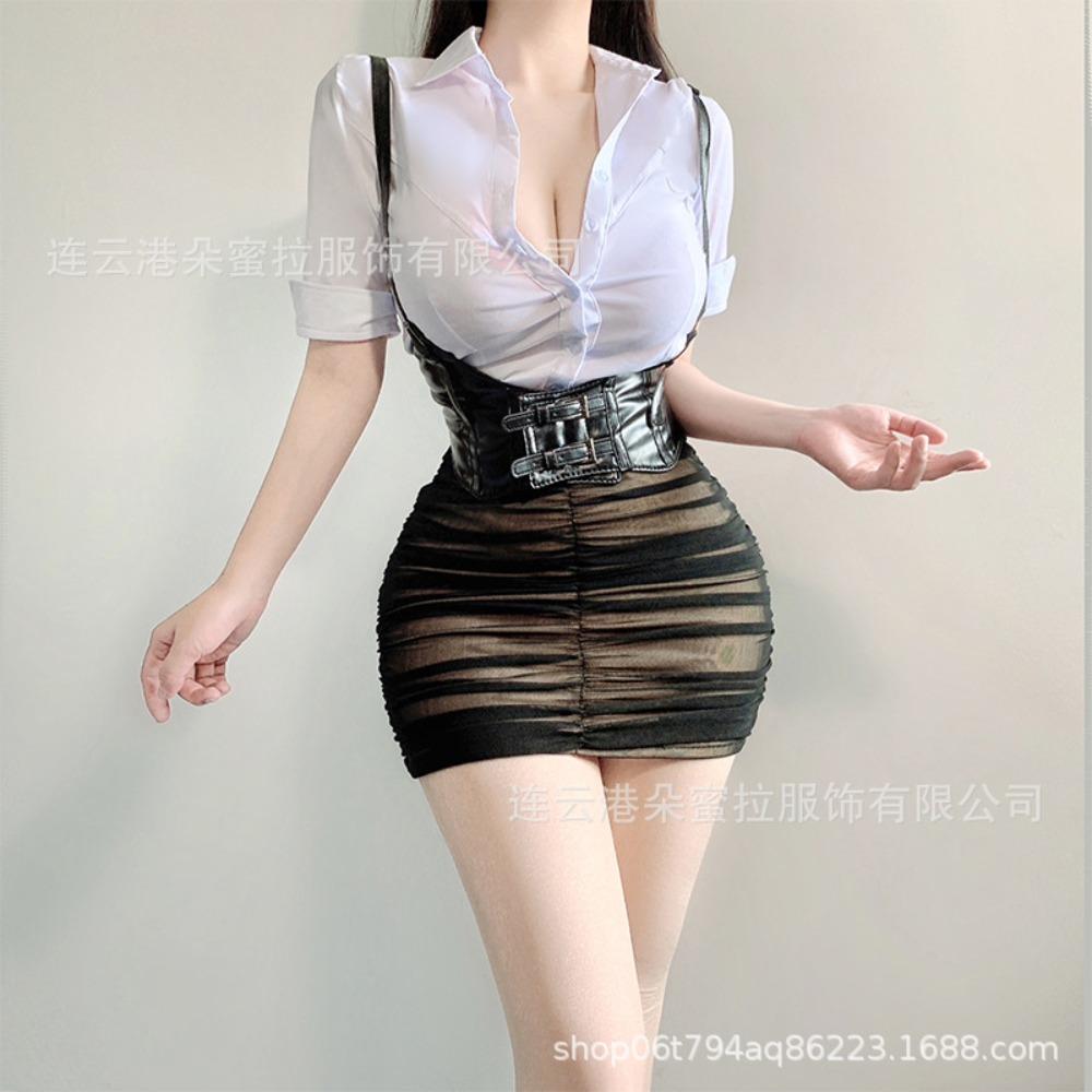 Erotic Underwear, Elastic Shirt, Chest-showing, Tight Professional Wear, Pleated, Fake Flesh-permeable Skirt, Elastic Mesh, Pleated Short