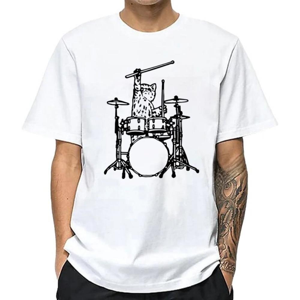 

Men s High Quality Cotton Fun Music Cat Print T Shirt Loose Round Neck Men s T Shirt Short Sleeved Men s Top S белый