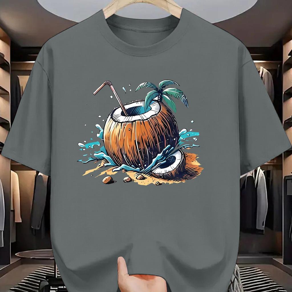 Men's Summer Fashion T-Shirt with Tropical Coconut Tree Straw Print Casual Round Neck Short Sleeve Graphic Tee Men Clothing