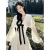 Temperament Premium Bow Splicing V-neck Long-sleeved Dress Women's Autumn Niche Pleated Slim-fitting White Short Skirt