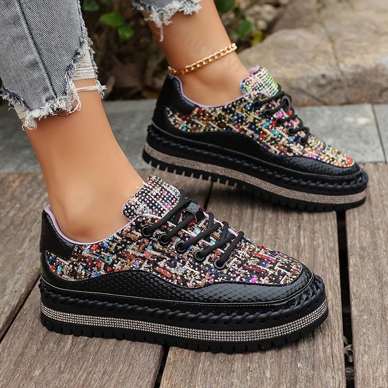 Fashion 2025 Spring Women's Casual Thick Sole Shoes Rhinestone Design Comfortable Versatile Sports Shoes Low Top Fashion Chunky sneakers