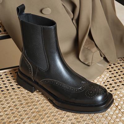 Modne Gorące Damskie Botki Zimowe ze Skóry Naturalnej Wsuwane Rzeźbione Brogsy Botki Chelsea Grube Obcasy Botki do Kostki Damskie Buty Styl Brytyjski