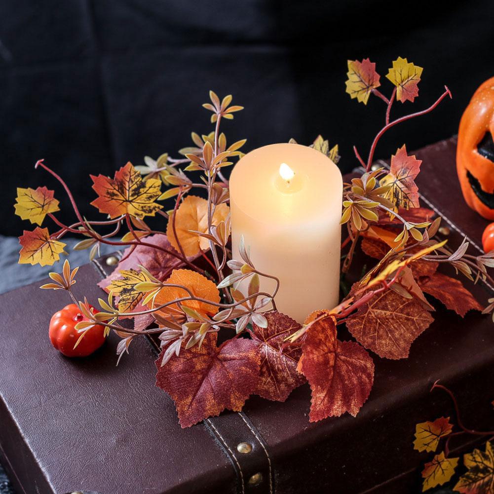 Fall Candle Ring 9.8Inch Maple Leaves Harvest Day Wreath Ring Holder Small Wreath Pillar Candle Holder Farmhouse Wreath Festival