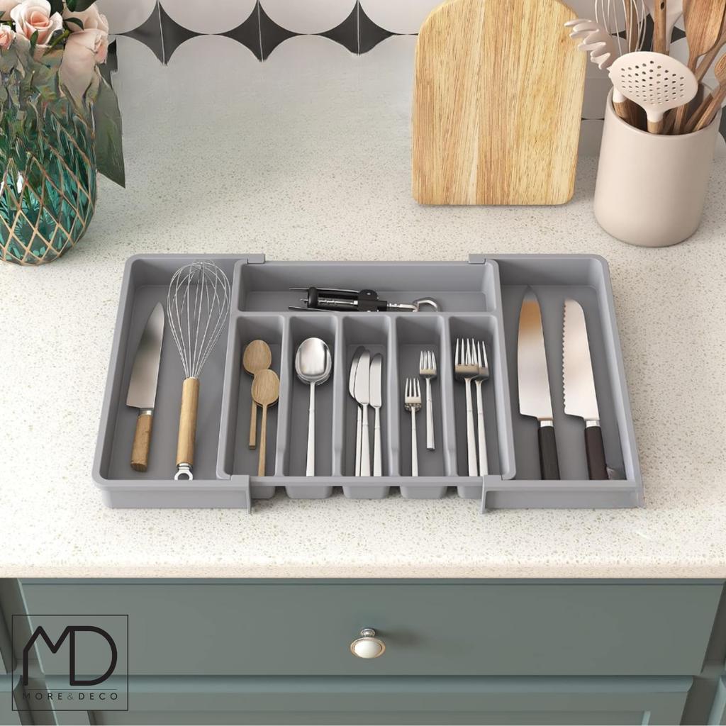 Kitchen Drawer Organizer for Cutlery, Extendable Kitchen Insert, Gray