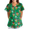 Women's Christmas Print V-Neck Short Sleeve Scrub Top with Pockets, Loose Fit Caregiver