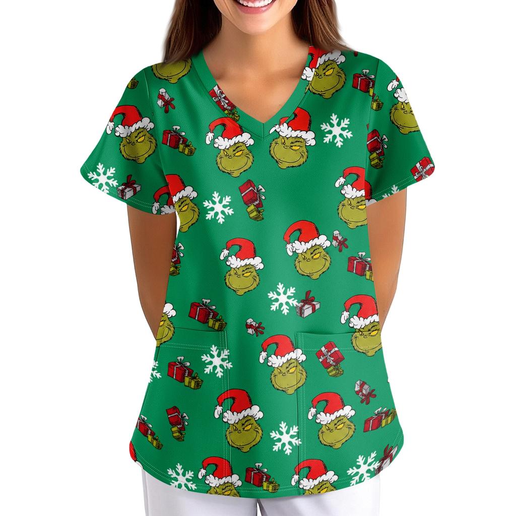 Women's Christmas Print V-Neck Short Sleeve Scrub Top with Pockets, Loose Fit Caregiver