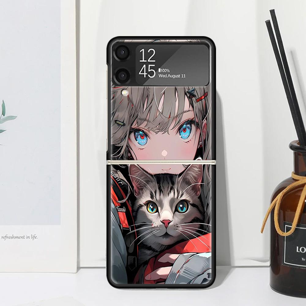 Anime Girls Cute Black Cat Phone Case Cover for Samsung Galaxy Z Flip 7 6 5 4 3 5G Flip3 Flip4 Flip5 ZFlip6 ZFlip7 Black Fundas