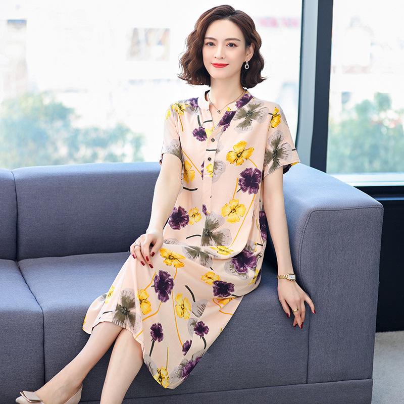 2024 Women's Floral Mid-Length Cotton Silk Slimming Plus Size Skirt Dress