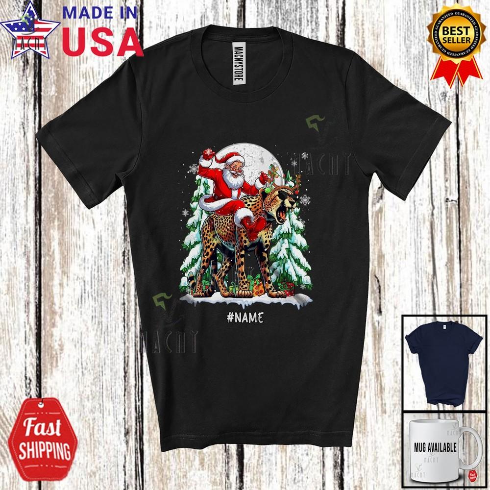 

Custom Name Santa Riding Cheetah Sunglasses Christmas Tree Wild Animal T-Shirt 4XL