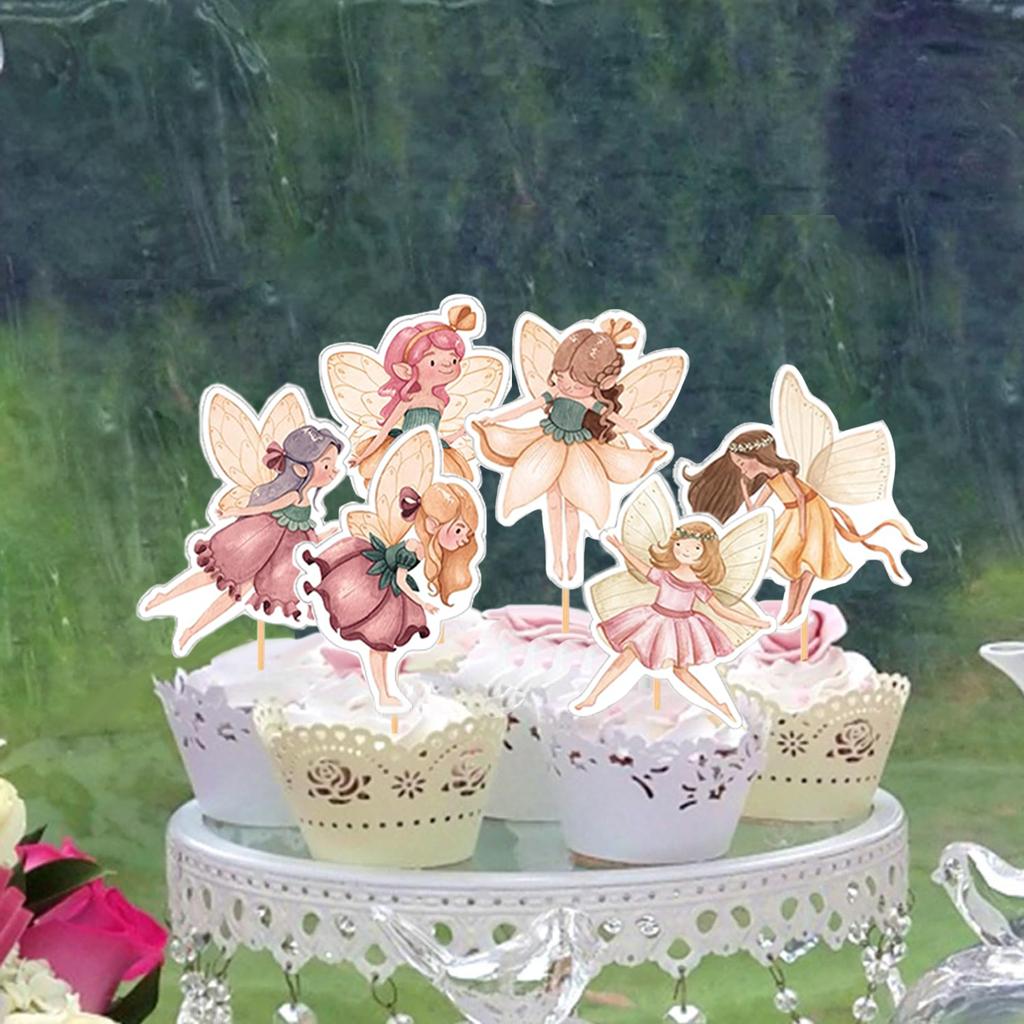24PCS Fairy Cupcake Toppers Fairies Party Cake Picks Garden Birn Birthday Party Decorations for Elves Theme Baby Shower Supplies
