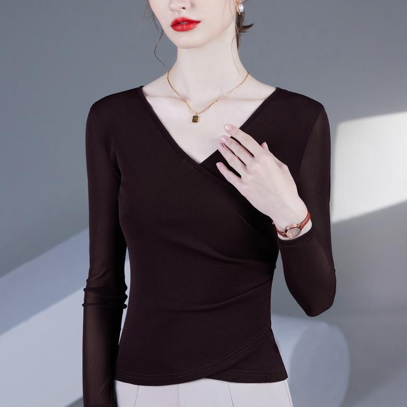 2025 Women's Fashion V-Neck Mesh Long-Sleeve Top - Waist-Cinching, Belly-Covering