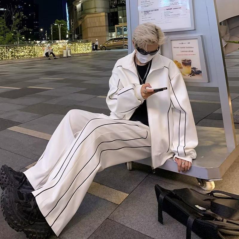 Pánská trendy volná bunda a kalhoty: Korejský styl jednobarevný na jaro a podzim