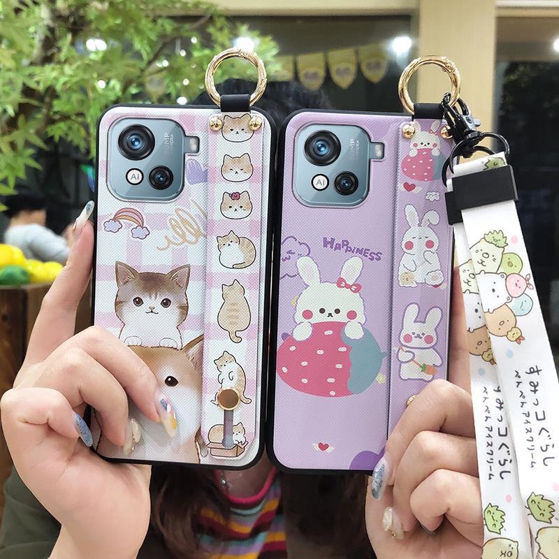 Dirt-resistant Wrist Strap Phone Case For Blackview Oscal C80 Cartoon Wristband Kickstand Silicone Cute Soft case Ring
