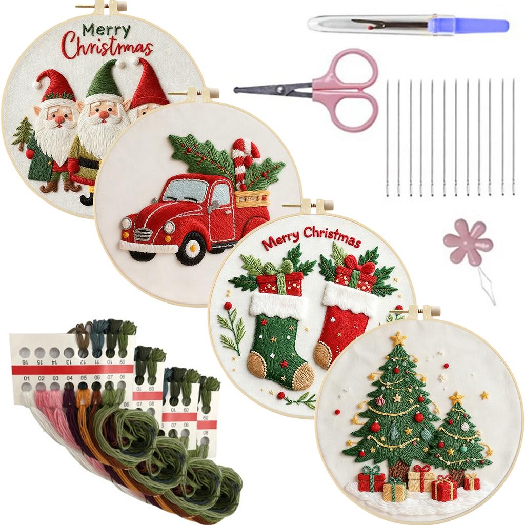 4pcs Embroidery Starter Kit with Embroidery Hoop Needles Threads Instruction Cross Stitch Set with Christmas Patterns for Adults