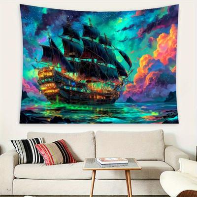 1pc Anime Pirate Ship Canvas Wall Tapestry UV Reactive Fantasy Stars Vibrant Sailing Ship Design Polyester Horizontal Hangi
