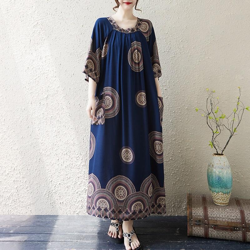 Krátký rukáv Plus size Bavlněné vintage květinové nové šaty pro ženy ležérní volné dlouhé letní šaty