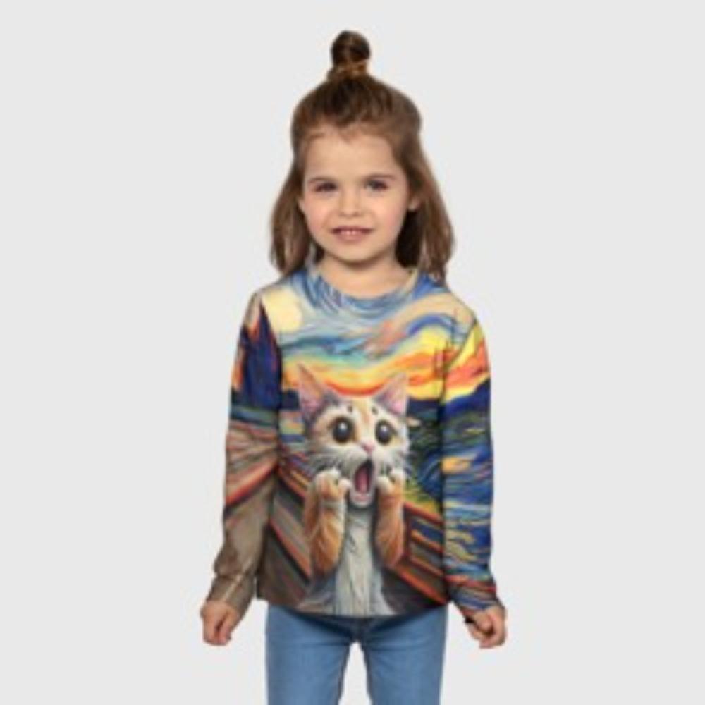 Children's Cartoon Animal Colorful Kitten Print Cute T-shirts Boys Long Sleeved Fashionable Soft Comfortable Top