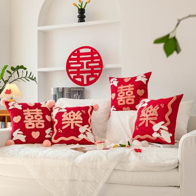 Red Happy Decorative Pillow Cover Set of 2, Happiness Pattern Chinese Wedding Tufted Decorative Throw Pillow Covers Sofa Cushion Cover 18 X 18 Inches