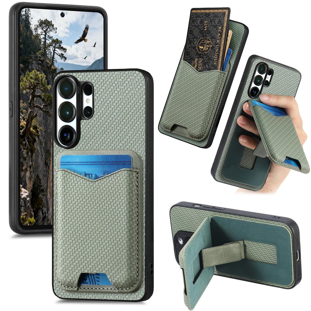 Business Magnetic Carbon Fibre Vertical Cards Solt Wallet Case For Samsung S25 Ultra S24 Plus S23 A17 A07 Kickstand Cover