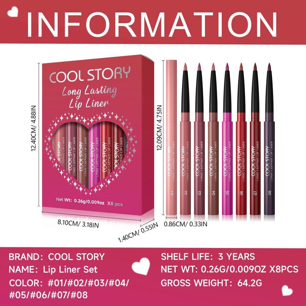 8 Stück Lipliner Stift Set Langanhaltend, Wasserdicht Schweißfest, Einfaches Auftragen Nicht verblassende Farbabgabe Lipgloss Set Beauty Make-up
