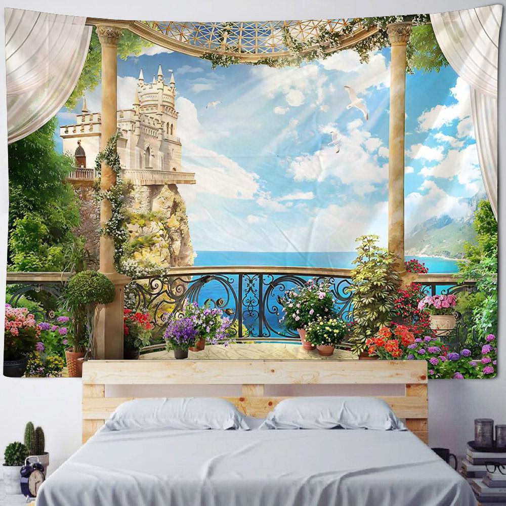3D Landscape Tapestry, European Balcony, Aesthetic Home Art Decoration, Wall Hanging, Bedroom Living Room Background Poster