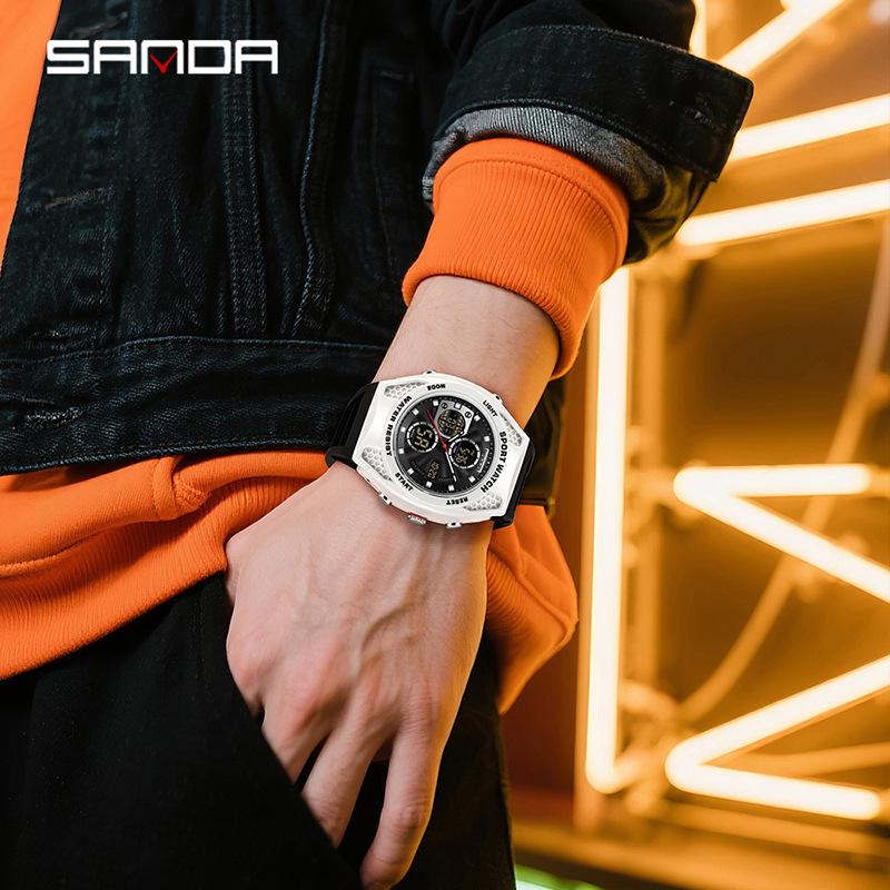 Sanda Sports Waterproof Men's Multifunctional Large Dial Wristwatch with Alarm & Calendar
