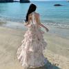 New French Vacation Print Neck Chiffon Cake Long Dress Women's Collar Dress Summer Super Fairy Photo
