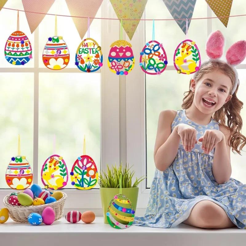 DIY Wooden Easter Egg Craft Kit Includes Unfinished Painted Egg Wall Hanging with Floral and Jagged Patterns Easter Decorations