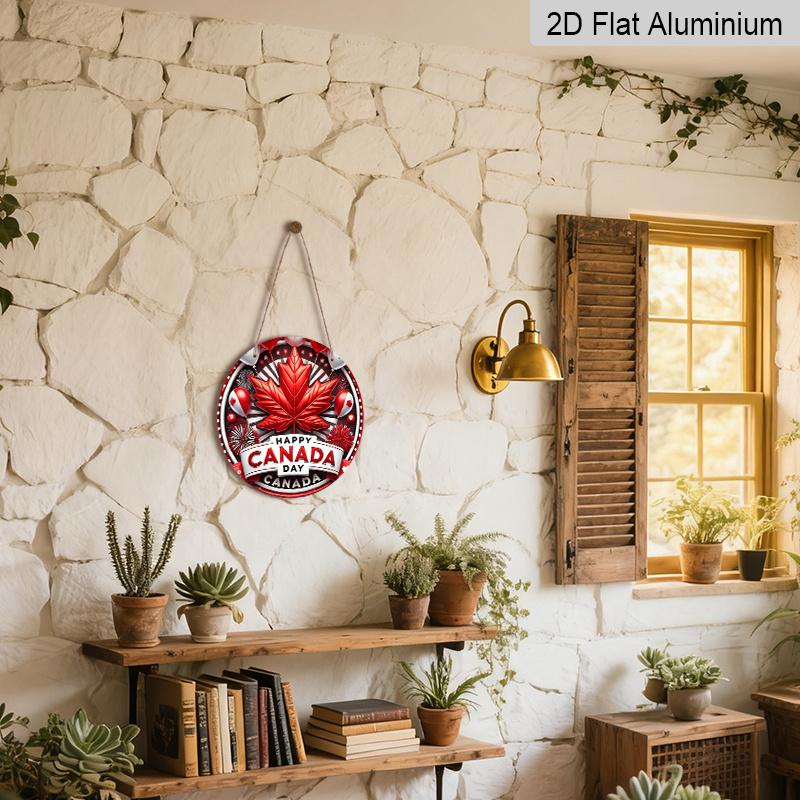 2D Flach, 1 Stück Patriotisches Kanada-Tag Runde Aluminium-Metallschild, „Happy Canada Day“ Rotes Ahornblatt & Feuerwerk Design, Langlebige Wasserdichte Dekoration, Perfekt