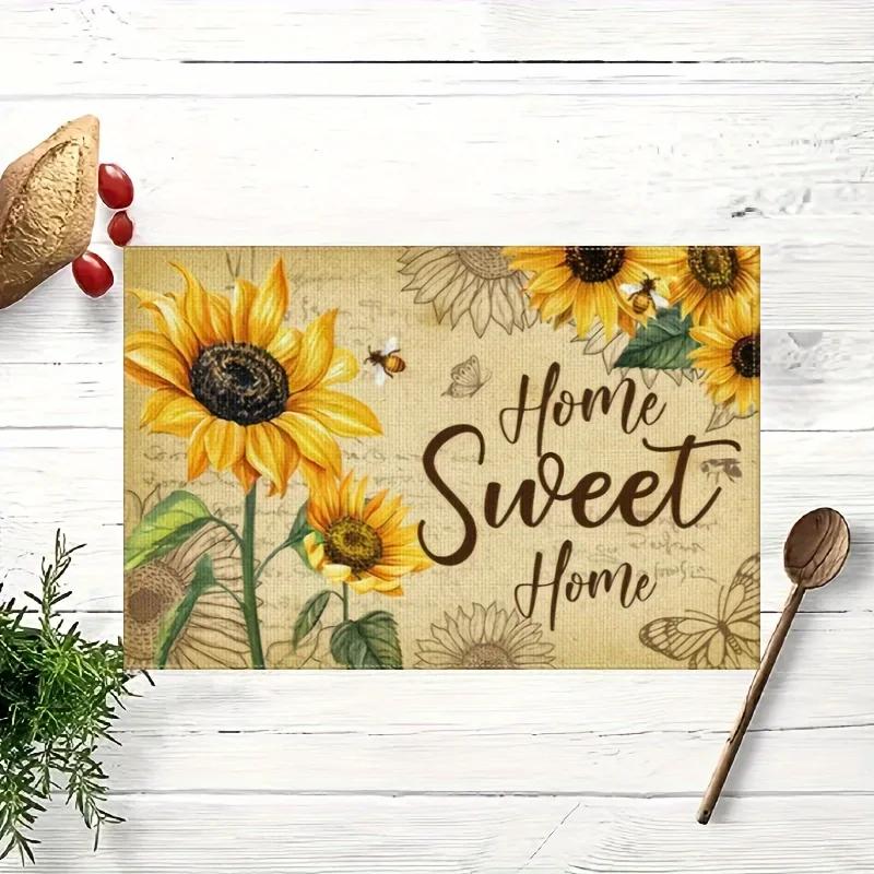 1PC Sunflower Linen Meal Mat Printed Retro Placemat for Table Decoration Kitchen Tabletop Protection and Heat Resistance