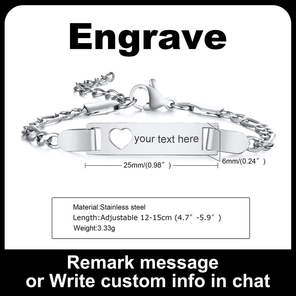 Bracelet Cœur Personnalisé pour Petite Fille Garçon, Bracelet à Identité Nom Gravable, Chaîne en Acier Inoxydable Personnalisée Cadeau d'Anniversaire